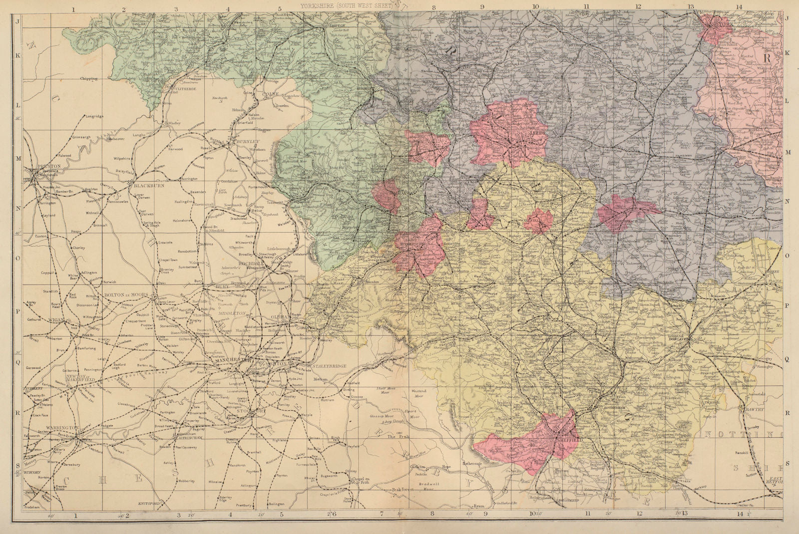 YORKSHIRE (South West) Sheffield Leeds Bradford county map GW BACON 1883